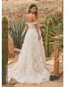 Ivory Lace Tulle Ruffled Wedding Dress With Detachable Straps